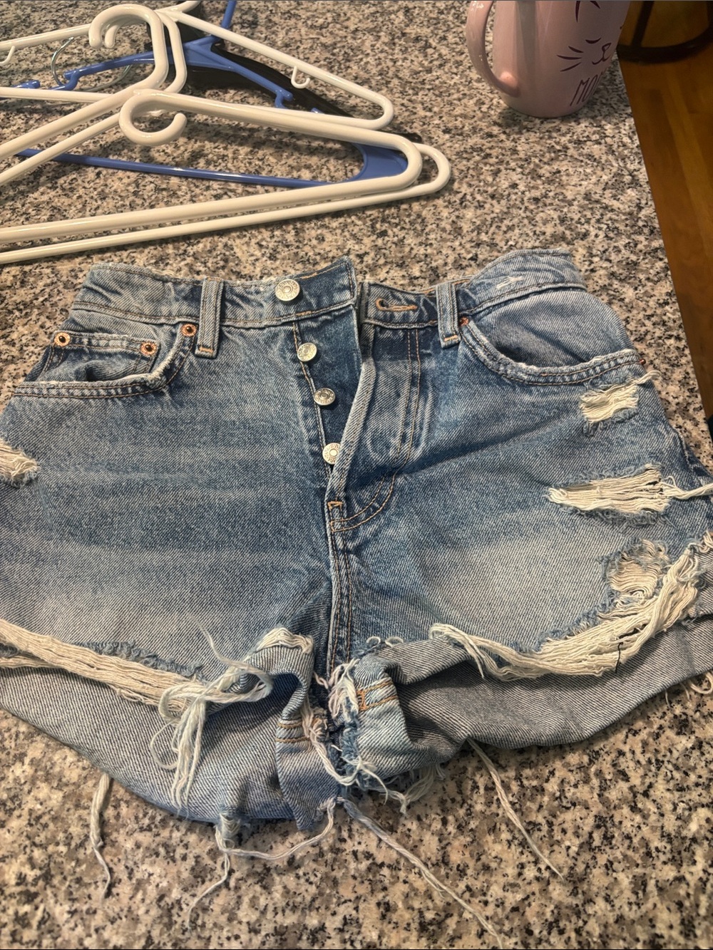 Zara Light Blue Distressed High-Rise Jean Shorts